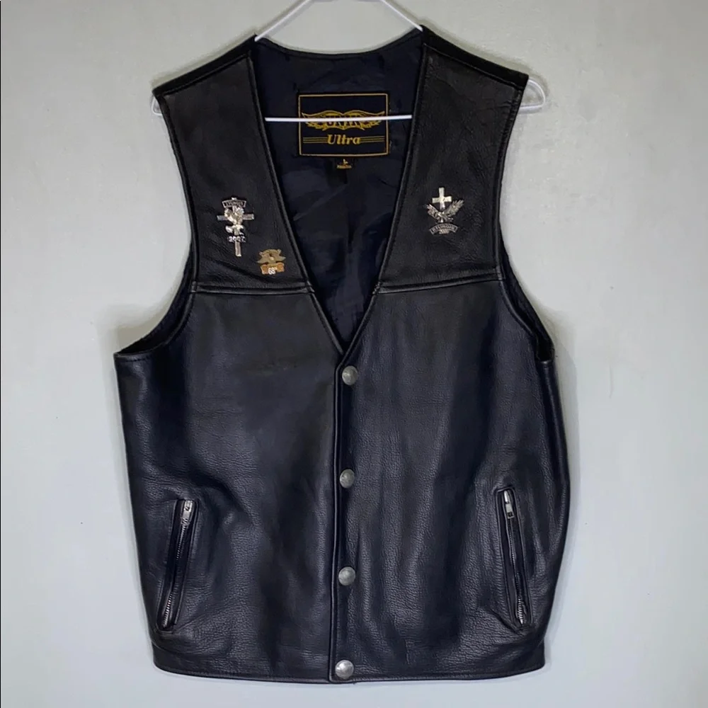 UNIK Ultra Buffalo Mens Premium Black Leather Motorcycle Biker Vest Size Large